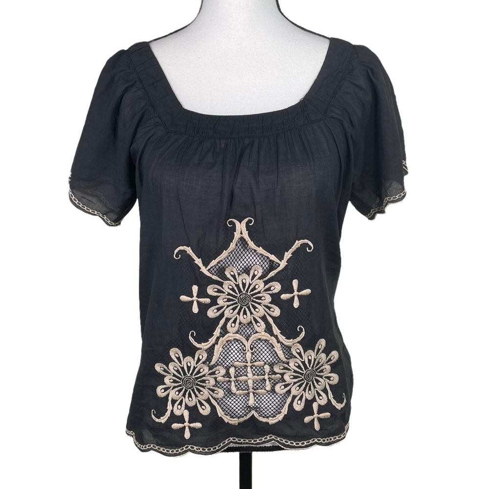 S Line Black embroidery Peasant Blouse